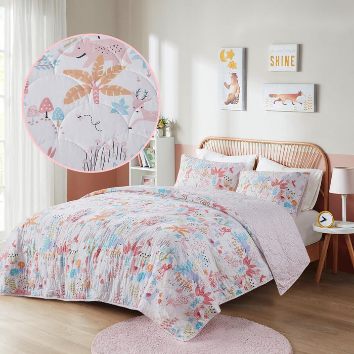 Intelligent Design Kids Twin Quilt Bedding Set, Cotton Coverlet Sun Girls Bedding Set Rainbow & Clouds Reversible Dawn Light & Breathable Sham Throw Pillow Twin Yellow/Coral 3 Piece