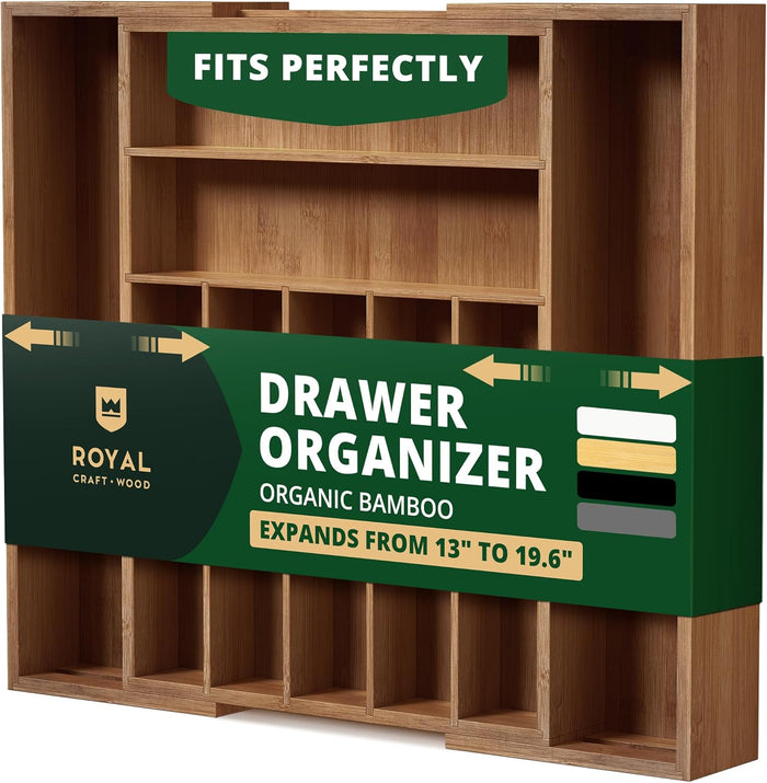 ROYAL CRAFT WOOD Luxury Bamboo Kitchen Drawer Organizer - Silverware Organizer, Utensil Holder & Cutlery Tray Drawer Dividers for Flatware (9 Slot, Natural)