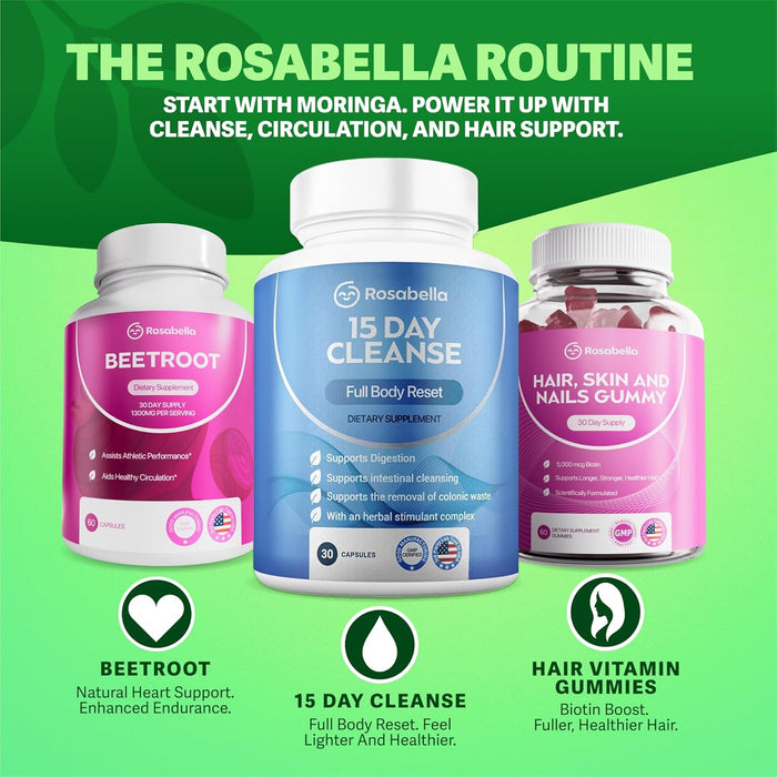 Rosabella Moringa Capsules - Pure Moringa Powder, Energy, Skin, Immune & Gut Health Superfood, Rich in Antioxidants, Essential Vitamins & Amino Acids, Natural Green Superfood Supplement - 60 Count