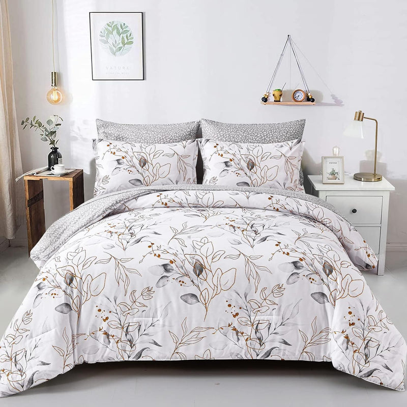 WONGS BEDDING Botanical Comforter Set Queen, 7 Pieces Green Reversible Bed in a Bag Floral Leaves Bedding Soft Microfiber Queen (1 Comforter,2 Pillowcase,2 Pillow Shams,1 Flat Sheet,1 Fitted Sheet)