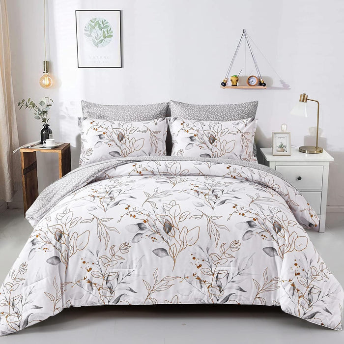 WONGS BEDDING Botanical Comforter Set Queen, 7 Pieces Green Reversible Bed in a Bag Floral Leaves Bedding Soft Microfiber Queen (1 Comforter,2 Pillowcase,2 Pillow Shams,1 Flat Sheet,1 Fitted Sheet)
