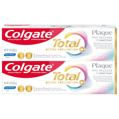 Colgate Total Plaque Pro Release Whitening Toothpaste Pack, Whitening Fluoride Toothpaste, Fights Plaque, Bad Breath, Tartar Buildup, and Helps Protect Teeth from Sensitivity, 2 Pack, 3.0 oz