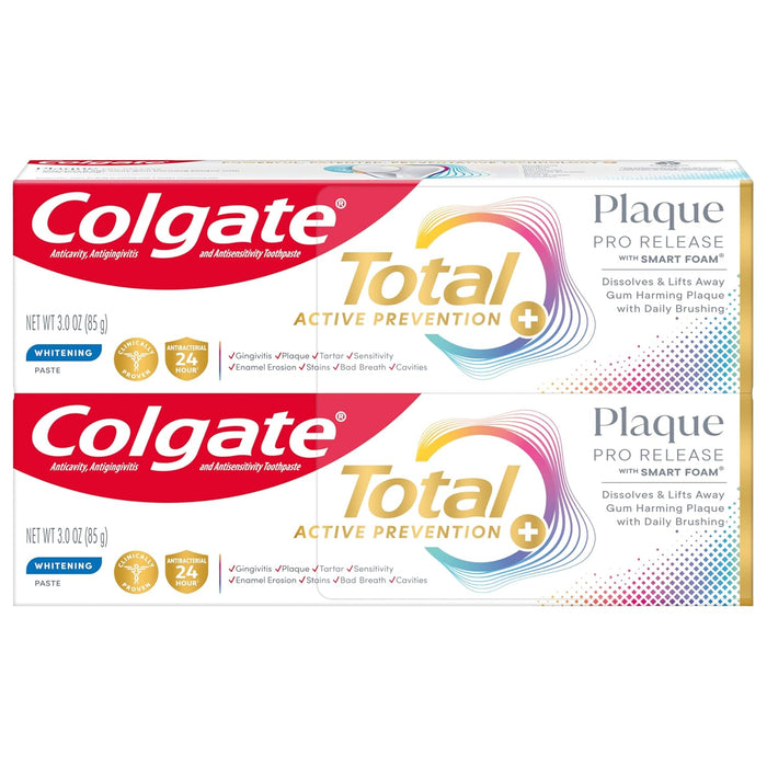 Colgate Total Plaque Pro Release Whitening Toothpaste Pack, Whitening Fluoride Toothpaste, Fights Plaque, Bad Breath, Tartar Buildup, and Helps Protect Teeth from Sensitivity, 2 Pack, 3.0 oz