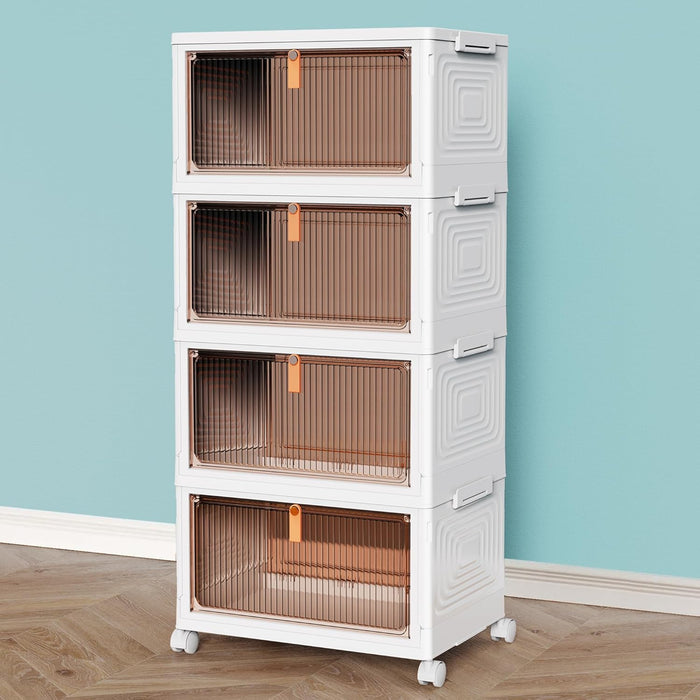 4 Tier Stackable Storage Bins with Lids, 28Qt Plastic Storage Containers with Magnetic Doors & Wheels, Convenient Storage Bins Closet Organizers, Household Organization for Home, Party, Office, Dorm