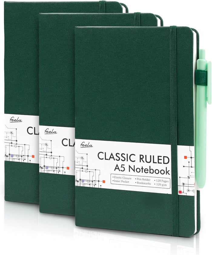feela 3 Pack Notebooks Journals Bulk with 3 Black Pens, A5 Hardcover Notebook Classic Ruled Lined Journal Set with Pen Holder for Work Business Journaling Note Taking, 120 GSM, 5.1”x8.3”, Gray