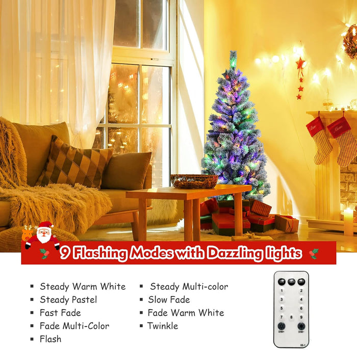 DORTALA Pre-lit Christmas Tree, 5FT Snow Flocked Pine Artificial Xmas Tree with Remote Control, 279 Branch Tips, 140 LED Lights, 9 Lighting Modes, Foldable Metal Stand, White