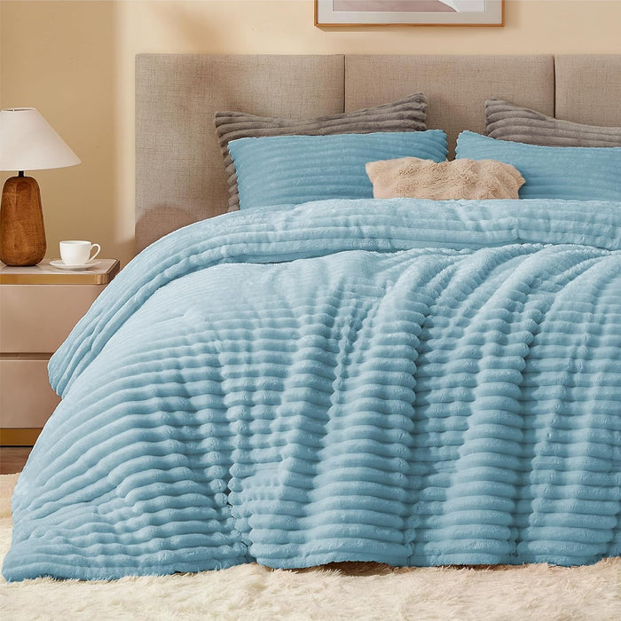 BEDELITE Fleece Queen Comforter Set -Super Soft & Warm Fluffy Cream White Bedding, Luxury Fuzzy Heavy Bed Set for Winter with 2 Pillow Cases