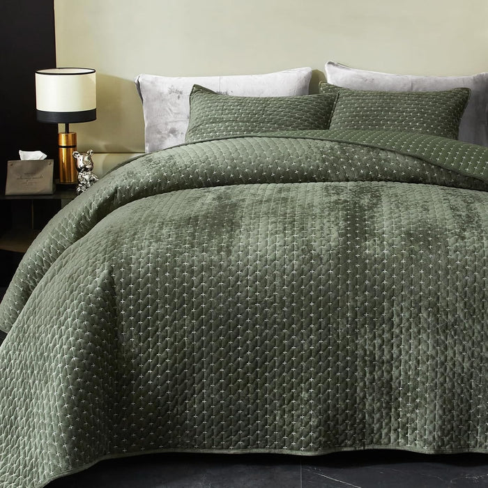 Powdion Velvet Quilt Queen, Oversized Bedspread Quilted Bedding Set, Luxurious Soft Coverlet Set Lightweight Velvet Comforter with 2 Pillow Shams, Gold Caramel, 90x96 Cross Stitch Striped Quilt Queen