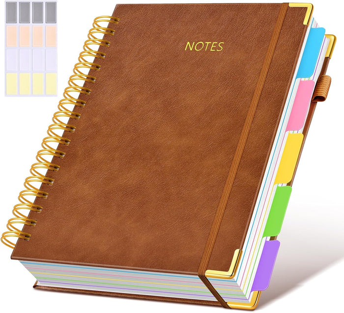 Hardcover Spiral Notebook journal with Removable Dividers Tabs, 300 Pages Leather 5 Subject Notebook College Ruled, 100GMS A5 Notebooks for Work School Note taking,Lined Journal for Women,A5-Black