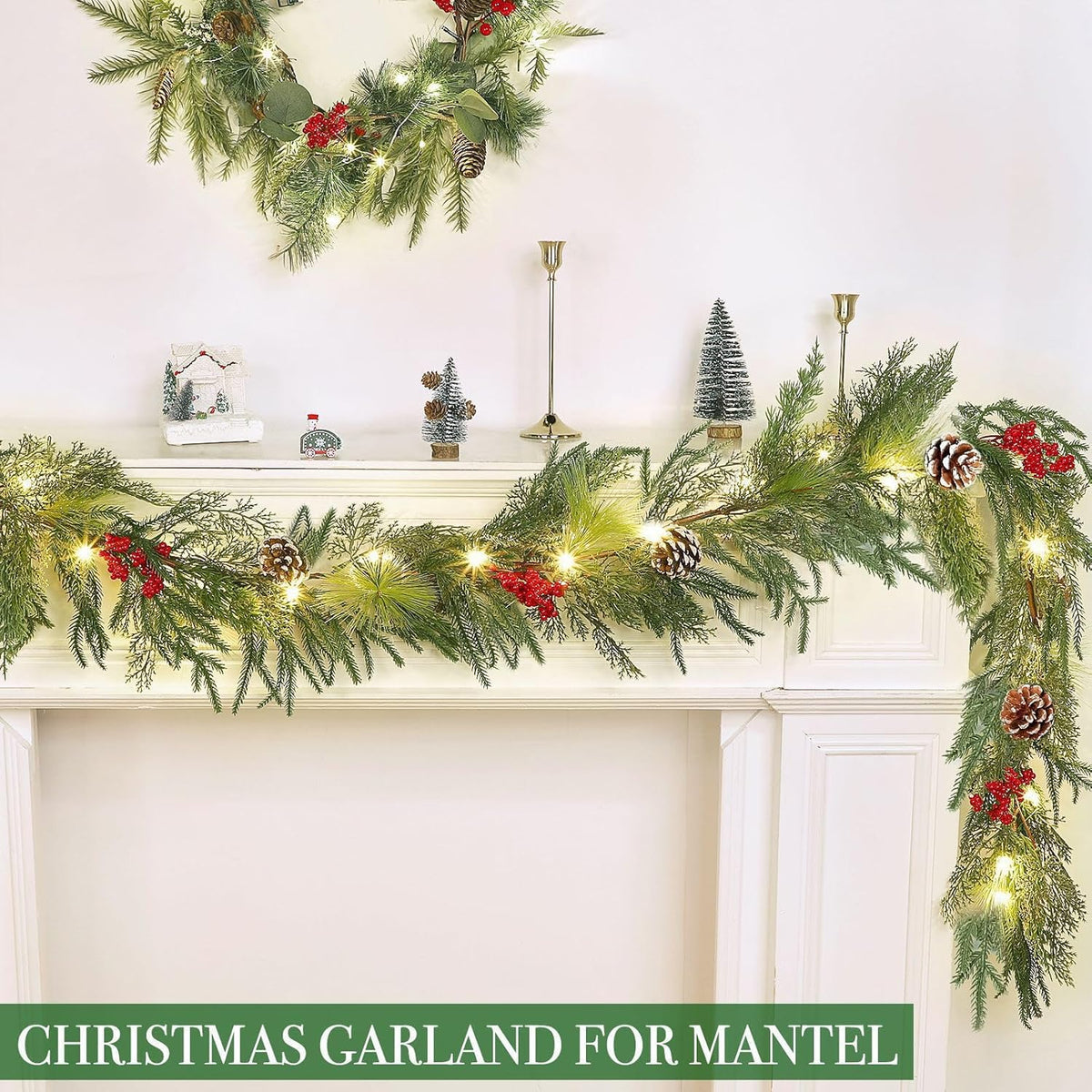 6 Ft Pre-lit Christmas Garland with Lights Timer, Real Touch Norfolk Pine Garland Green Cedar Garlands Pine Needle Cypress Leaves Pinecone Red Berries Lighted Garland for Fireplace Table Xmas Decor