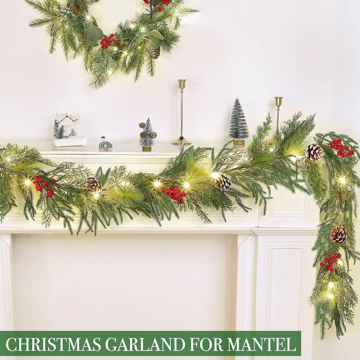 6 Ft Pre-lit Christmas Garland with Lights Timer, Real Touch Norfolk Pine Garland Green Cedar Garlands Pine Needle Cypress Leaves Pinecone Red Berries Lighted Garland for Fireplace Table Xmas Decor