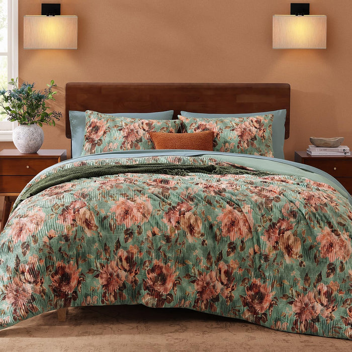 CASAAGUSTO Queen Comforter Set, 7 PCS Pinkish Floral Comforter Set with Flowers Leaves Pattern, Soft Seersucker Design All Season Queen Size Bedding Set(80"X90")