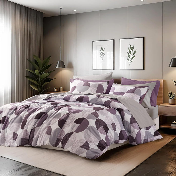 Stylish Three-Tone Printed Full Size Comforter Set, Bed in a Bag 9-Piece Bedding Set, Ultra-Soft Microfiber Comforter and Sheets Set, Warm and Cozy for All Seasons, Navy Blue & Grey