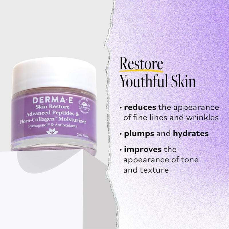 DERMA-E Advanced Peptides and Vegan Flora-Collagen Moisturizer – Double Action Collagen Face Cream with Peptide Complex – Intensely Hydrating Face Moisturizer for Lines, Wrinkles and Redness, 2 Oz