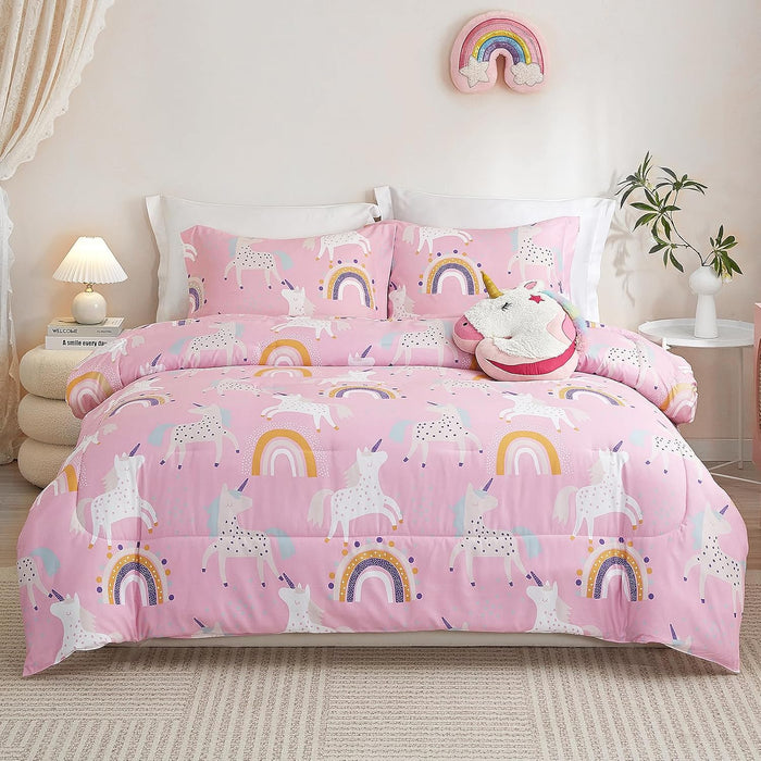 HollyHOME 2 Piece Twin Size Bedding Comforter Sets for Teens and Girls, Pink Unicorn and Rainbow Bedding Set, 66”x 86”