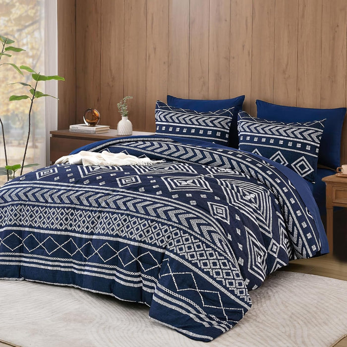 Yiran Black Comforter Set Queen Size, Boho Aztec Comforter Bedding Set, 7 Piece Bohemian Summer Bed in a Bag, Soft Microfiber Striped Complete Bedding Set with Sheets for All Season