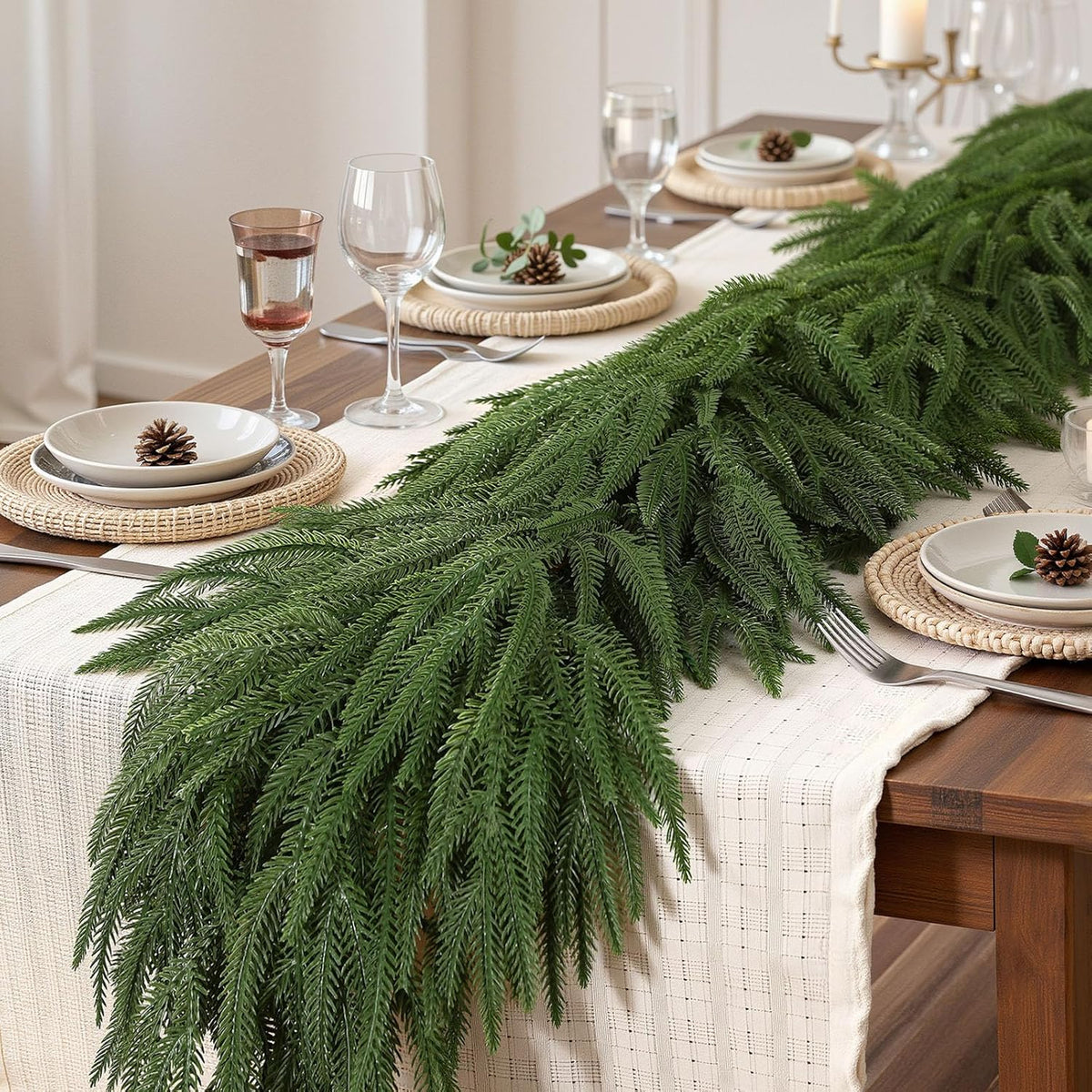 9ft Christmas Garland, Real Touch Norfolk Pine Garland - Pine Garland, Artificial Greenery Christmas Garland for Mantle, Table, Fireplace, Indoor, Outdoor Christmas Decorations