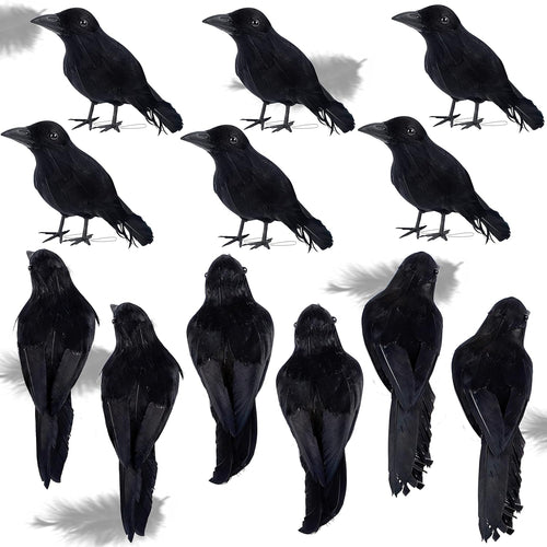 ATDAWN 6 Pack Halloween Black Feathered Crows, Realistic Halloween Birds Decoration for Spooky Decor