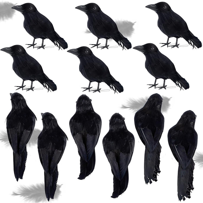 ATDAWN 6 Pack Halloween Black Feathered Crows, Realistic Halloween Birds Decoration for Spooky Decor