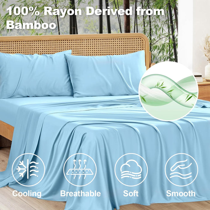 King Sheet Set, 100% Rayon Derived from Bamboo, 4-Piece, 16 Inch Deep Pockets, Cooling Sheets for King Size Bed Set, Breathable & Silky Soft, Hotel Bedding Sheets & Pillowcases, Baby Blue