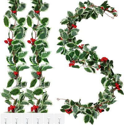 9 Pcs Holly Garland with Berries Set Includes 5.7 ft Christmas Red Berry Garland Decoration with Hooks Green Leaves Winter Outdoor Vines for Stairs Mantel Table Fireplace Home Decor
