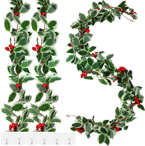 9 Pcs Holly Garland with Berries Set Includes 5.7 ft Christmas Red Berry Garland Decoration with Hooks Green Leaves Winter Outdoor Vines for Stairs Mantel Table Fireplace Home Decor