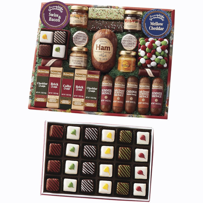 The Swiss Colony 25 Holiday Favorites - Sausage Meats, Cheese Blocks, and Spreadables, Sweet and Savory Treats & Christmas Petits Fours - Chocolate & Swiss Creme Gourmet Mini Layer Cakes Pack of 24