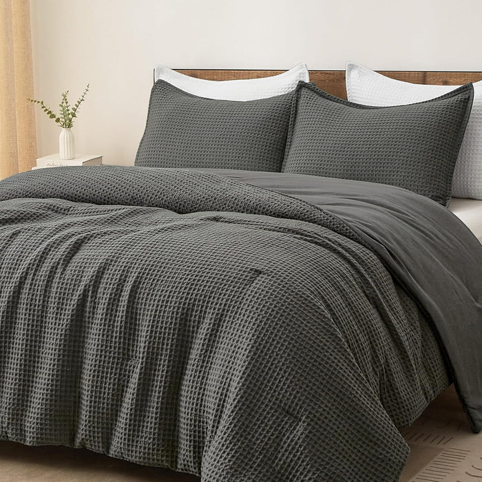 PHF Ultra Soft Waffle Weave Comforter Set Queen Size, 3 Pieces Lightweight Breathable Comfy Bedding Set, Comfy Textured 1 Comforter with 2 Pillow Shams, Black