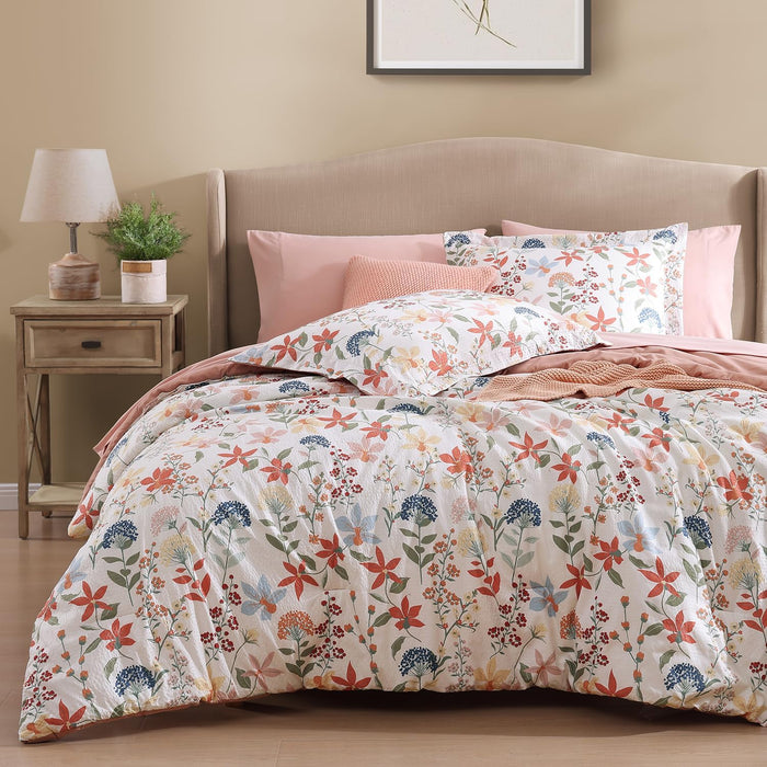 CASAAGUSTO Queen Comforter Set, 7 PCS Green Butterfly Floral Comforter Set with Flowers Leaves Pattern, Soft Seersucker Design All Season Queen Size Bedding Set(90"X90")