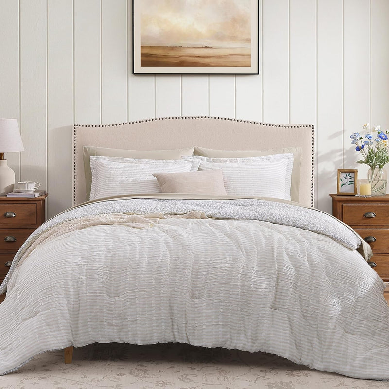 Queen Comforter Set - 7 Pieces Green Gauze Muslin Bedding Sets for All Seasons, Lightweight Breathable Bed in a Bag Queen with Revesible Farmhouse Comforter, Sheets, Pillowcases & Shams