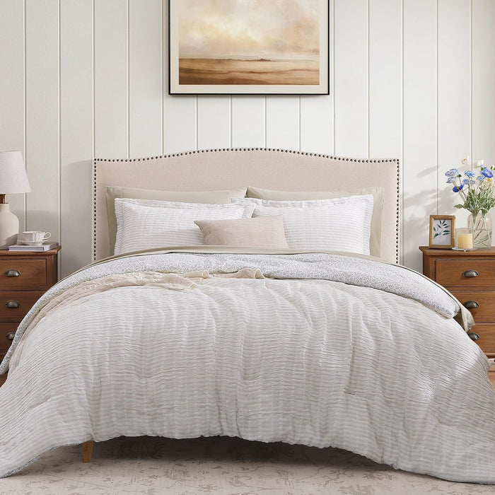 Queen Comforter Set - 7 Pieces Green Gauze Muslin Bedding Sets for All Seasons, Lightweight Breathable Bed in a Bag Queen with Revesible Farmhouse Comforter, Sheets, Pillowcases & Shams