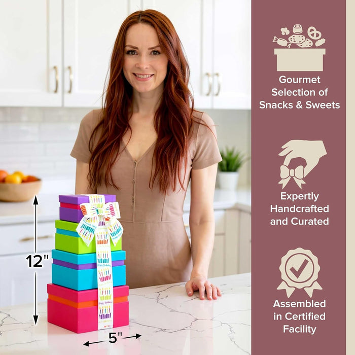 Broadway Basketeers Birthday Gift Basket Tower - Birthday Snack Box with Sweet and Savory Treats for Men, Women, & Kids