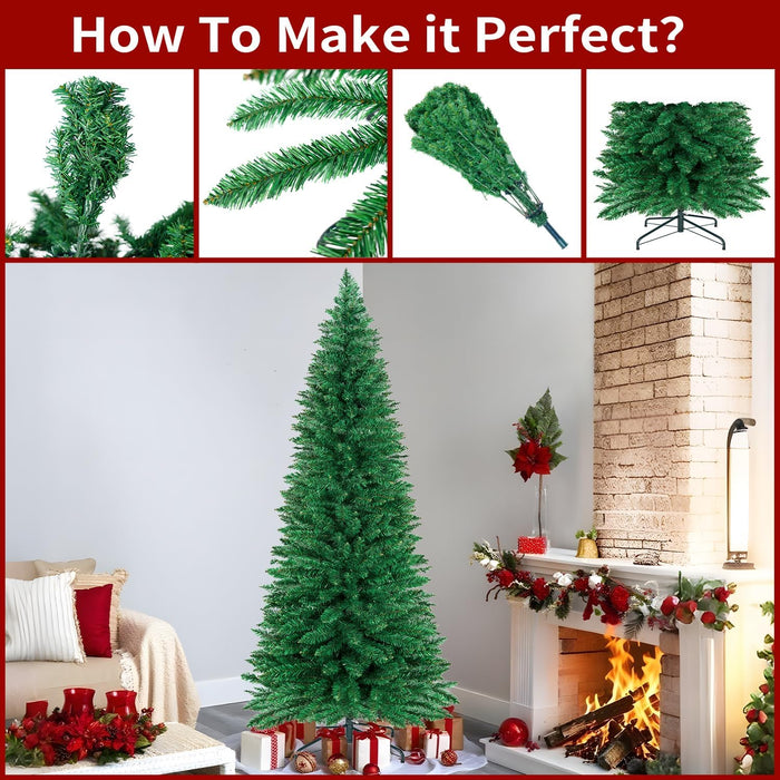 ININ 8FT Slim Pencil Christmas Tree,Artificial Tall Skinny Xmas Tree with 700 Branch Tips,Perfect for Home/Office/Party Decoration, Metal Hinges & Foldable Base.(Unlit)