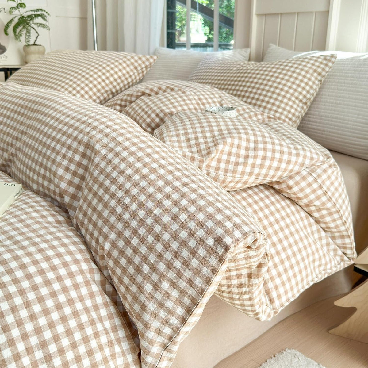 LifeTB Green Gingham Comforter Set King Modern Style Plaid Comforter Set 3 Pieces Boho Grid Comforter with 2 Pillowcases Soft Fluffy Checkered Pattern Comforter Farmhouse Gingham Bedding Set King
