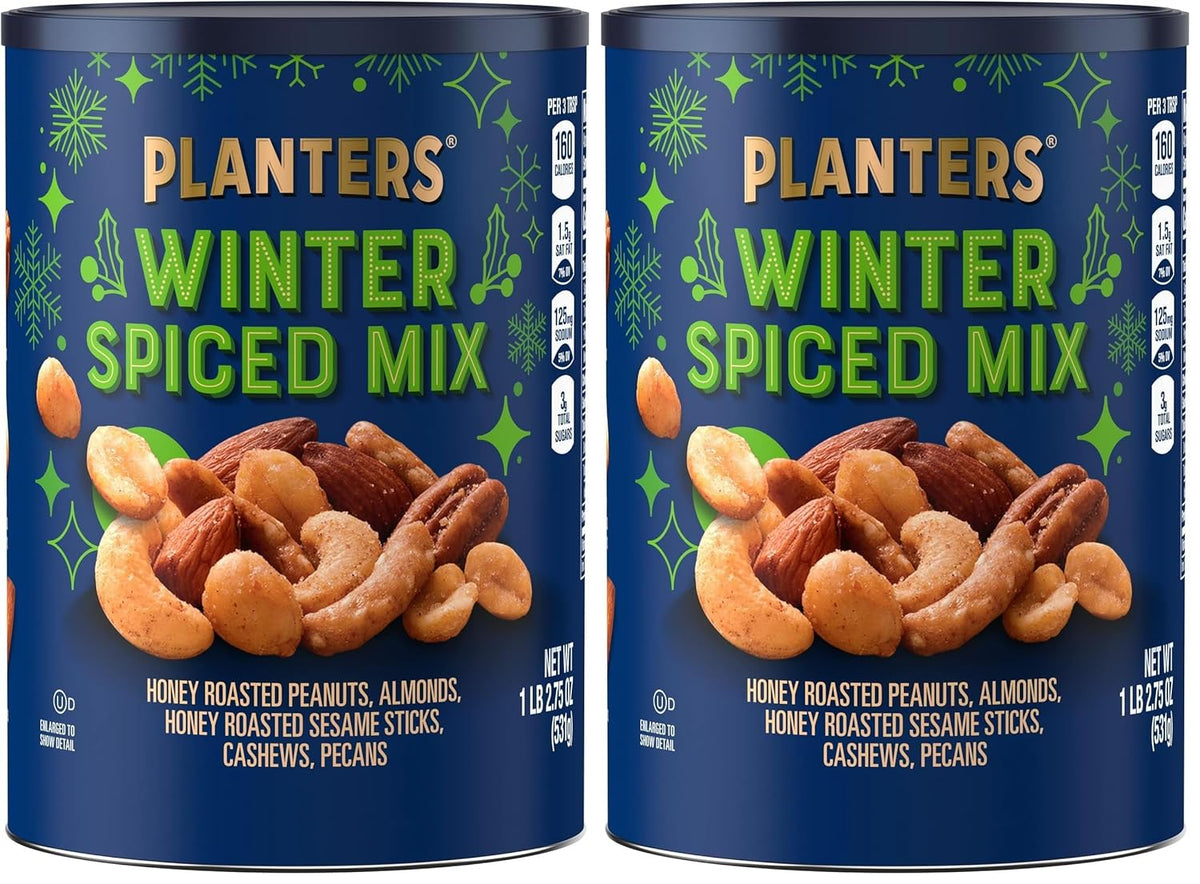 PLANTERS Holiday Brittle Nut Medley Trail Mix Snack with Honey Peanuts, Yogurt Raisins, Peanut Brittle, Pretzels & Cashews, Holiday Snack, Party Nut Mix, 1 lb. Canister