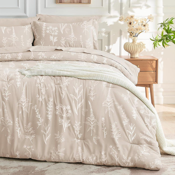 MUXHOMO Terracotta Bed in a Bag Queen 7 Pieces, Queen Comforter Set Reversible Botanical Flowers Design, Ultra Soft & Breathable Bedding Sets with Comforter, Sheets, Pillowcases & Shams