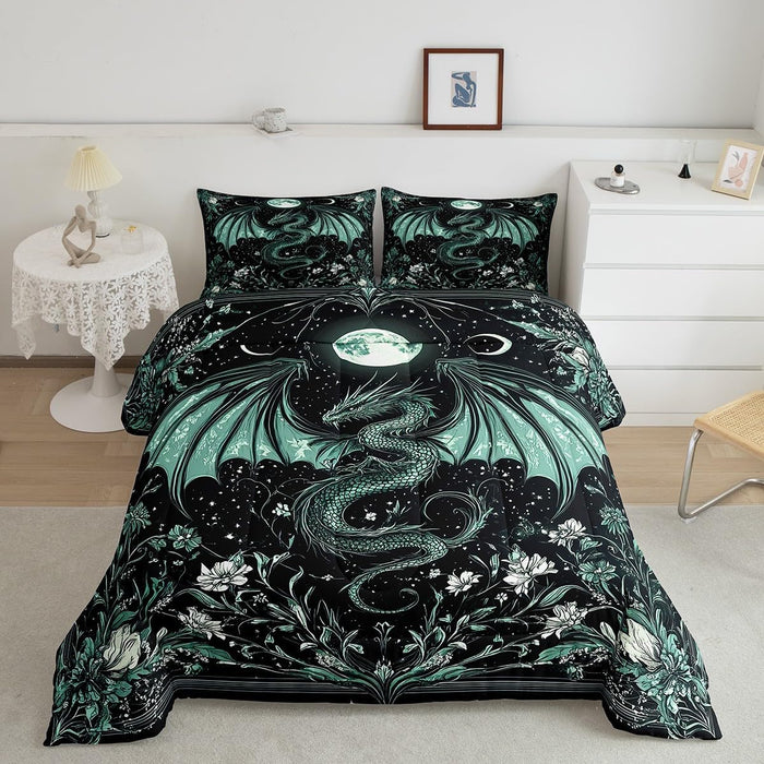 Feelyou Kids Boho Dragon Comforter Set Queen Size, Black Dragon Bedding Set Sun and Moon Duvet Insert Boys Girls Wildlife Teens Bedroom Decor Bed Set 3Pcs