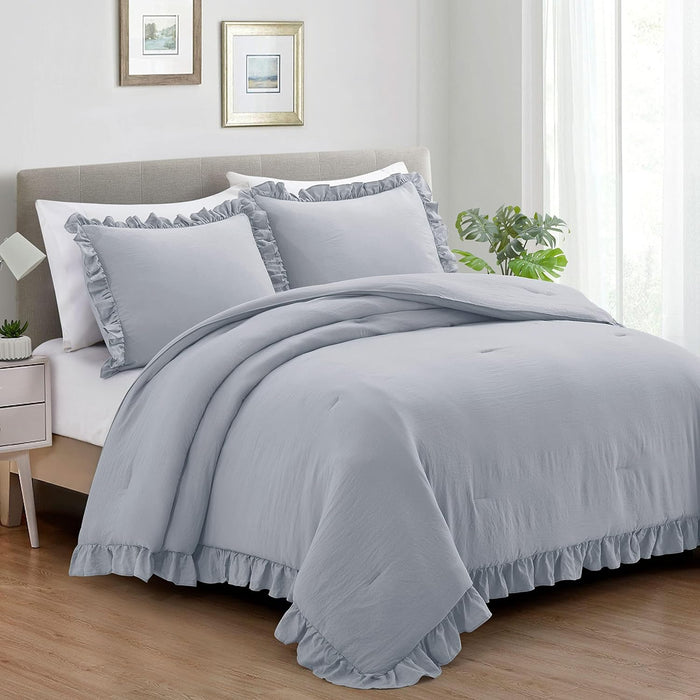 Queen Comforter Set - Ruched Comforter Queen Size Bed Set Boho Shabby Chic Bedding for Bedroom Comforter Fluffy 3 Piece Ruffle Comforter Set with Pillow White Bedding Soft