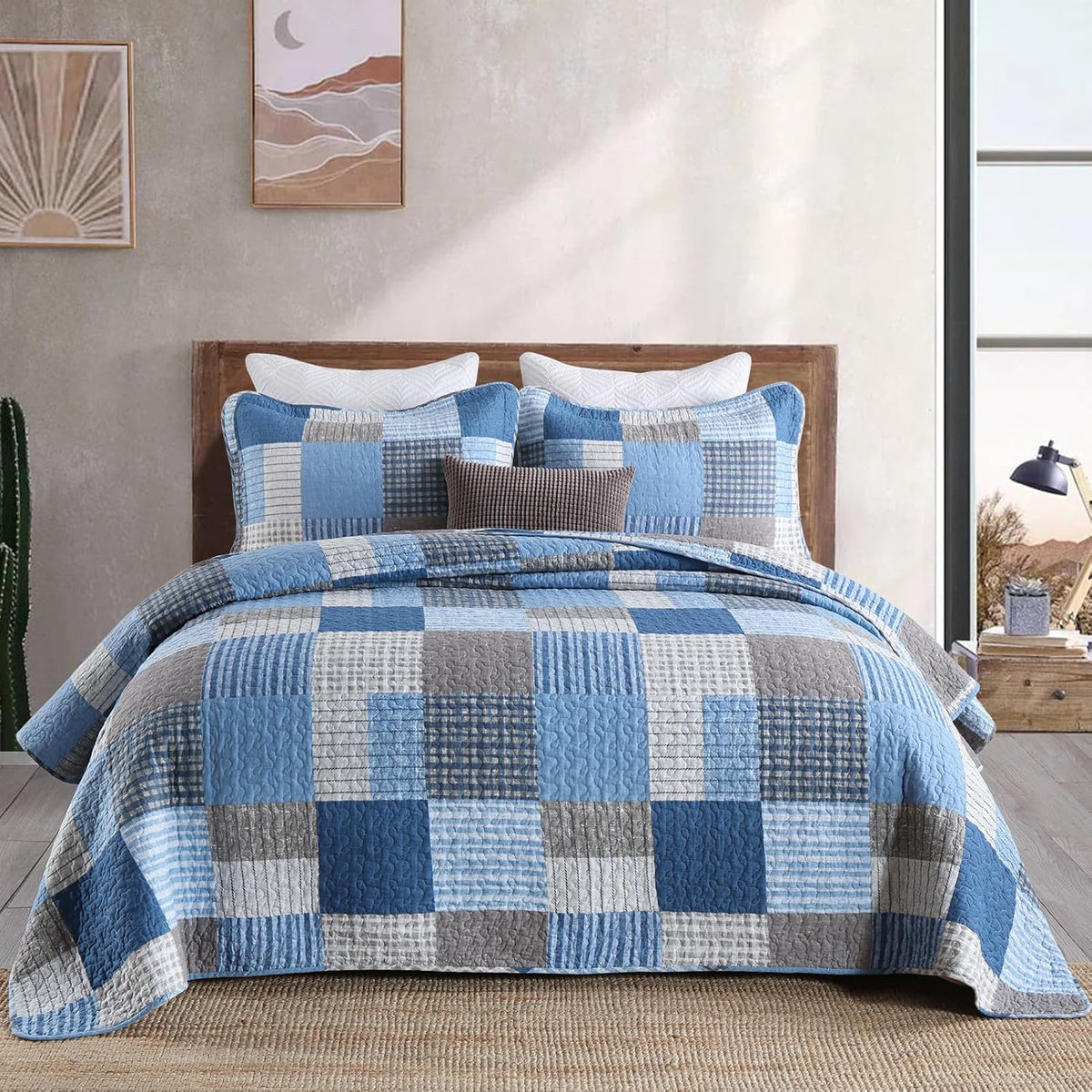 Finlonte Quilts Queen Size - 100% Cotton Queen Comforter Set Green Moonbeam White Plaid Farmhouse Quilt Bedding Set, Reversible Lightweight Soft Bedspread, Quilted Coverlet All-Season, 3-Piece
