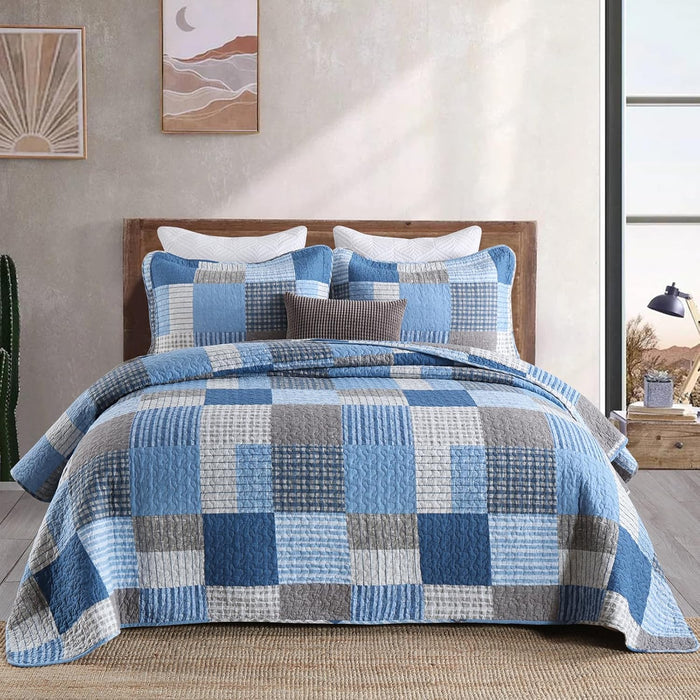 Finlonte Quilts Queen Size - 100% Cotton Queen Comforter Set Green Moonbeam White Plaid Farmhouse Quilt Bedding Set, Reversible Lightweight Soft Bedspread, Quilted Coverlet All-Season, 3-Piece
