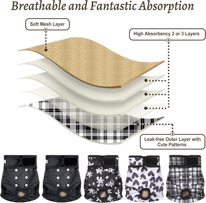 Female Dog Diapers 5Pcs - Premium Reusable Diapers for Doggie in Heat - Highly Absorbent Dog Diapers Female for Pet Incontinence with Adjustable Snaps, Black, L