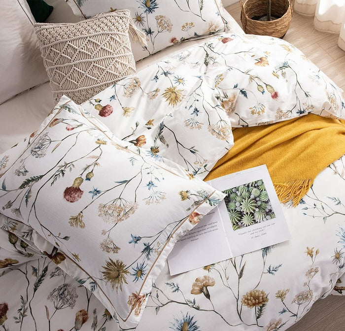 SLEEPBELLA Cotton King Size Comforter, 600 Thread Count Cotton White Printed with Blue & Blush Flowers Cotton Comforter Set,Down Alternative Bedding Set 3Pcs(King, White Floral)