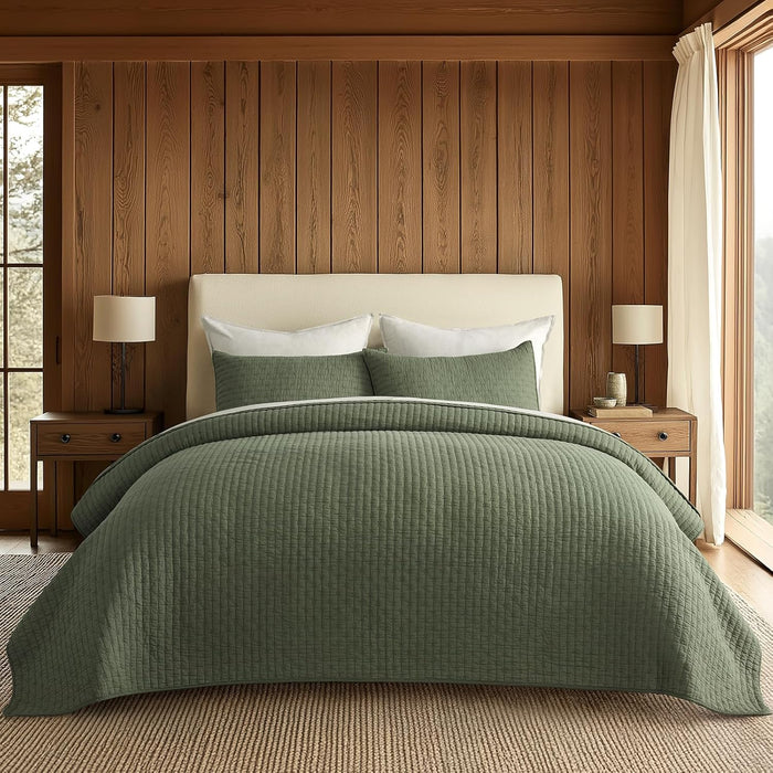 EVERGRACE Cotton Border Frame Tack-Stitch Quilt Bedding Set King Size, Coastal Oversized 3 Pieces Lightweight Bedspread Coverlet for All Season, with 2 Matching Shams, Blue Linen