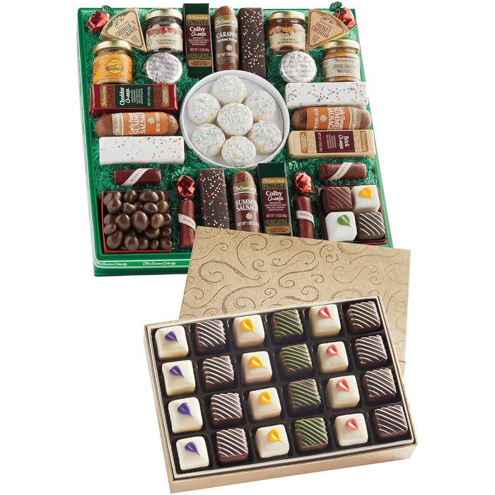 The Swiss Colony 27 Favorites Food Gift Set, Summer Sausage Meats and Cheeses, Assorted Chocolates, Candies, Petits Fours, Cheese & Charcuterie Board Gifts Basket, Holiday, Christmas - Holiday Red Box