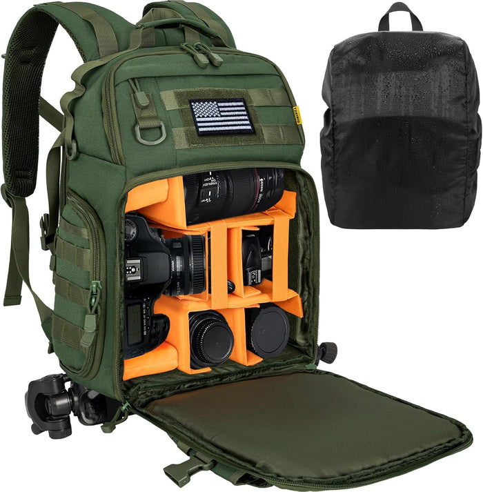 Camera Backpack for DSLR/SLR/Mirrorless Photography Camera, Tactical Camera Bag Case Water-resistant Travel Backpack with 15.6" Laptop Compartment Compatible with Canon