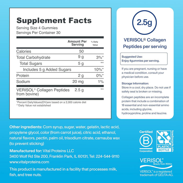 Vital Proteins Collagen Gummies, 2.5g of Clinically-Tested Collagen for Hair, Skin, Nails & Wrinkles, 120 ct Bottle, Pack of 2, Raspberry Flavor