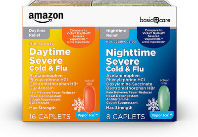 Amazon Basic Care Vapor Ice Daytime and Nighttime Severe Cold and Flu, Coated Caplets, Combo Pack, 24 Count