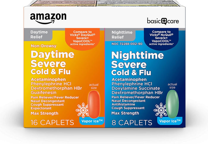 Amazon Basic Care Vapor Ice Daytime and Nighttime Severe Cold and Flu, Coated Caplets, Combo Pack, 24 Count