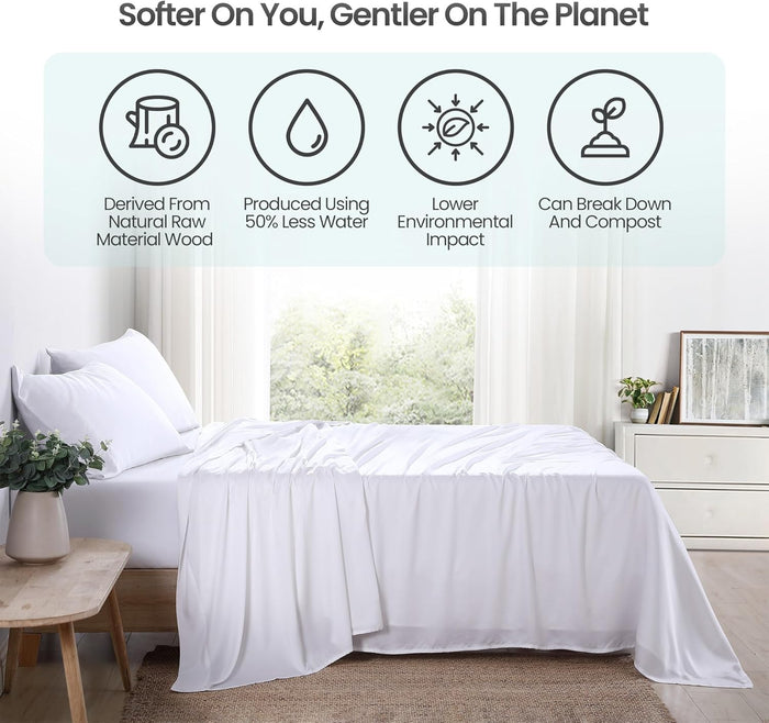 100% Eucalyptus Tencel Lyocell Sheet Set, Silky Soft & Smooth Cooling Sheets for All-Season, Sustainably Made, Moisture-Wicking, Hypoallergenic - Queen, White