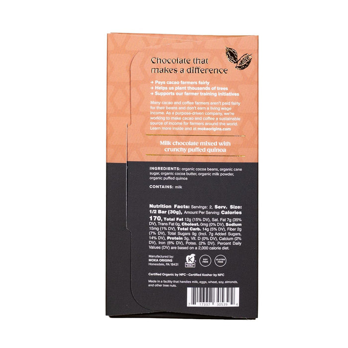 Moka Origins Organic Chocolate Bar Pack – Bean-to-Bar, Direct & Fair Trade, Small-Batch, Ethically Sourced, Gourmet, Artisan Craft Chocolate (6-Pack, Quinoa Crunch)
